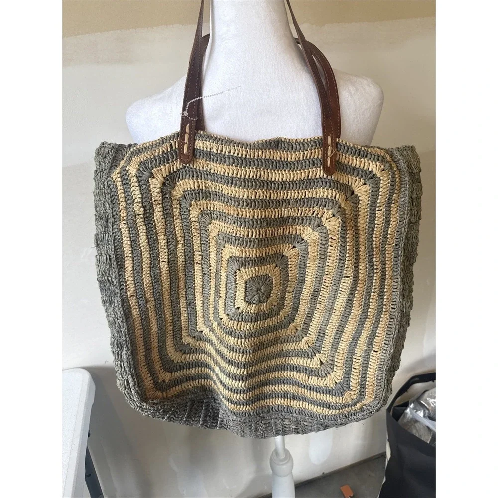 Mar Y Sol Raffia Shoulder Tote Bag Navy Indigo Straw Woven Shopper Beach Boho